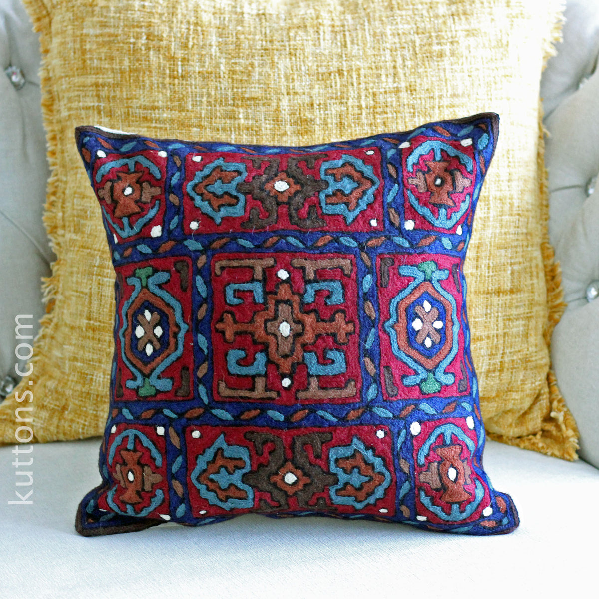 Traditional Crewel Hand Embroidered Pillow Cover - Wool on Cotton | Decorative Cushions, 16x16"