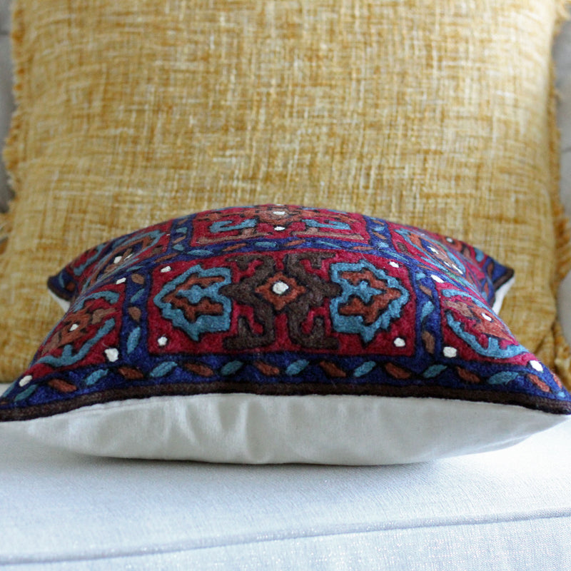 Traditional Crewel Hand Embroidered Pillow Cover - Wool on Cotton | Decorative Cushions, 16x16"