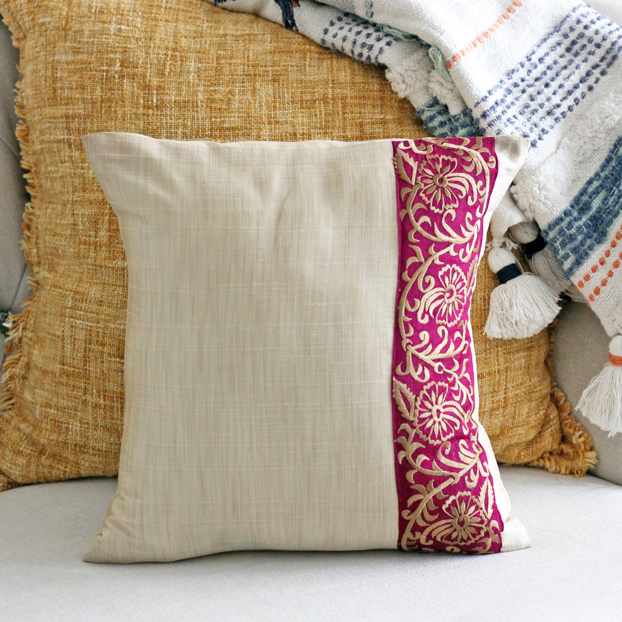 Decorative Silk Cushion Cover Intricate Floral Embroidery Cream Pi Kuttons
