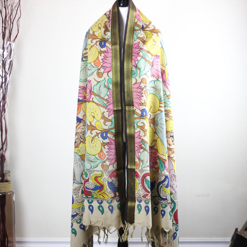 Ethnic Hand-Painted Kalamkari Cotton Wrap Cum Decor - Natural Colours, Storey Theme | Multicolour, 36x94"