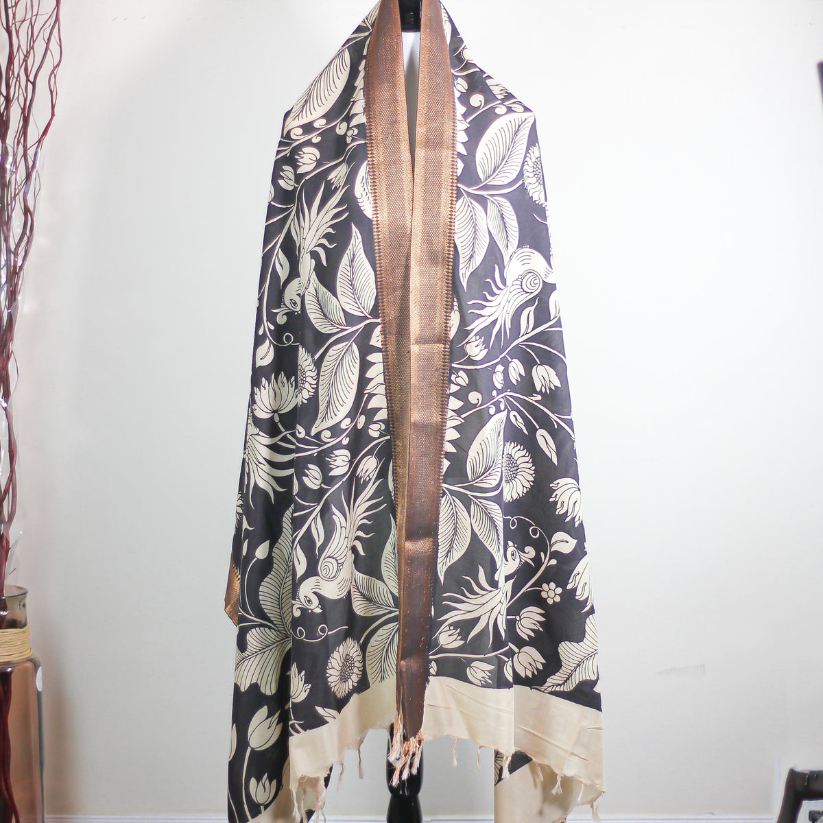 Ethnic Hand-Painted Kalamkari Silk Wrap - Natural Dyes, Floral Design | Black, 34x92"