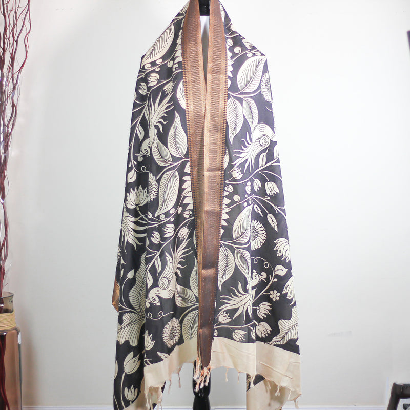 Ethnic Hand-Painted Kalamkari Silk Wrap - Natural Dyes, Floral Design | Black, 34x92"