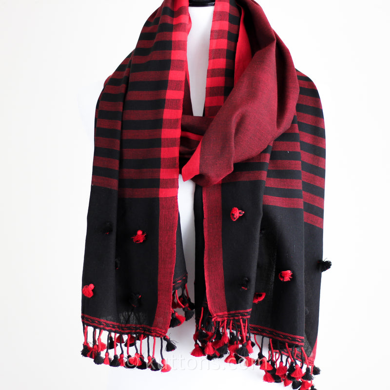 Ethnic Miri Fine Cotton Scarf - Handwoven Wrap with Tassels | Black-Red, 25x76"