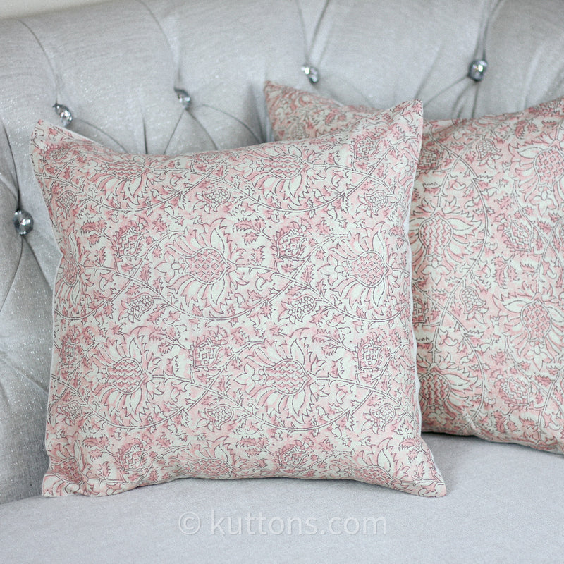 Floral Printed Cotton Cushion Cover | Cream-Pink, 16x16" (Set of 2)