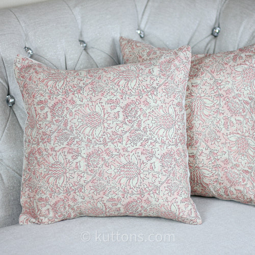 Floral Printed Cotton Cushion Cover | Cream-Pink, 16x16" (Set of 2)