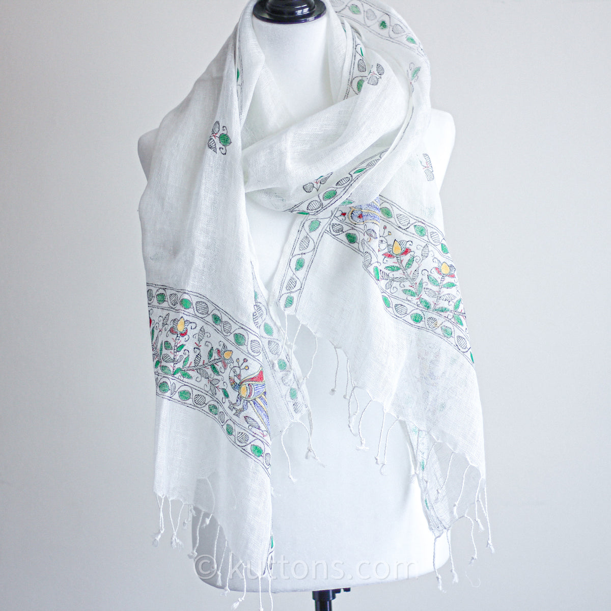 Hand-Painted Linen Wrap with Tassels - Tribal Madhubani Motifs | White, Green Leaves, 20x80"