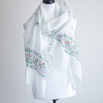 Hand-Painted Linen Wrap with Tassels - Tribal Madhubani Motifs | White, Green Leaves, 20x80"