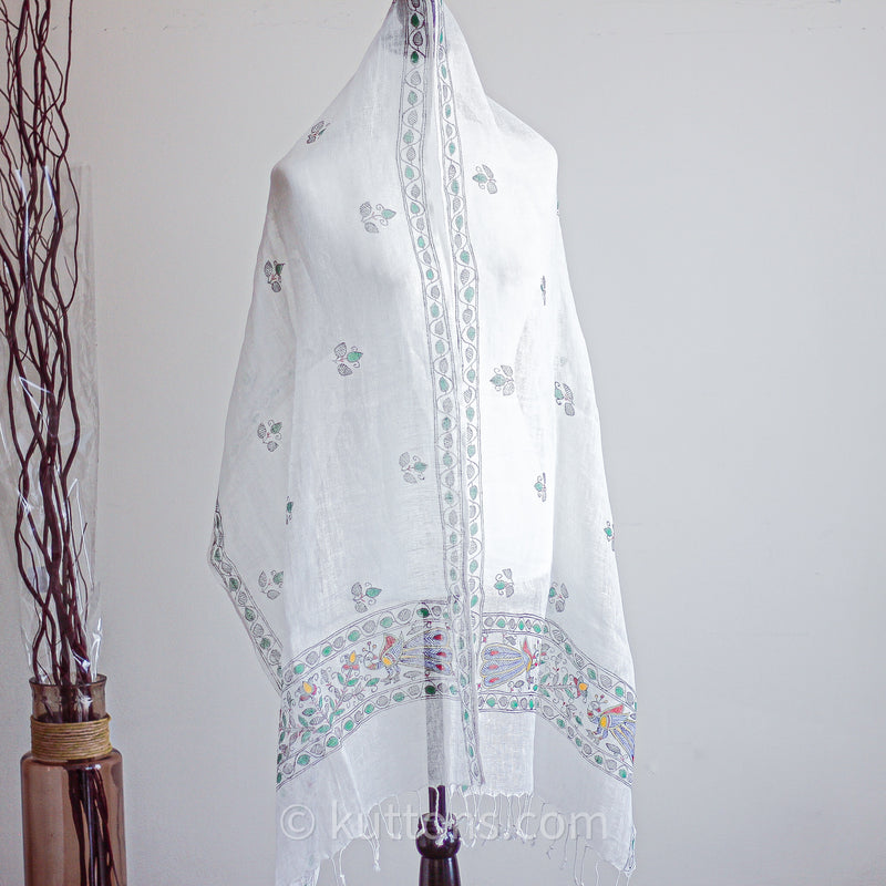 Hand-Painted Linen Wrap with Tassels - Tribal Madhubani Motifs