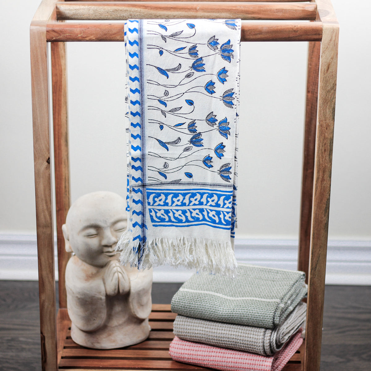 Hand Block Printed Handwoven Decorative Cotton Bath Towel | White-Blue, 29x62"