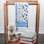 Hand Block Printed Handwoven Decorative Cotton Bath Towel | White-Blue, 29x62"