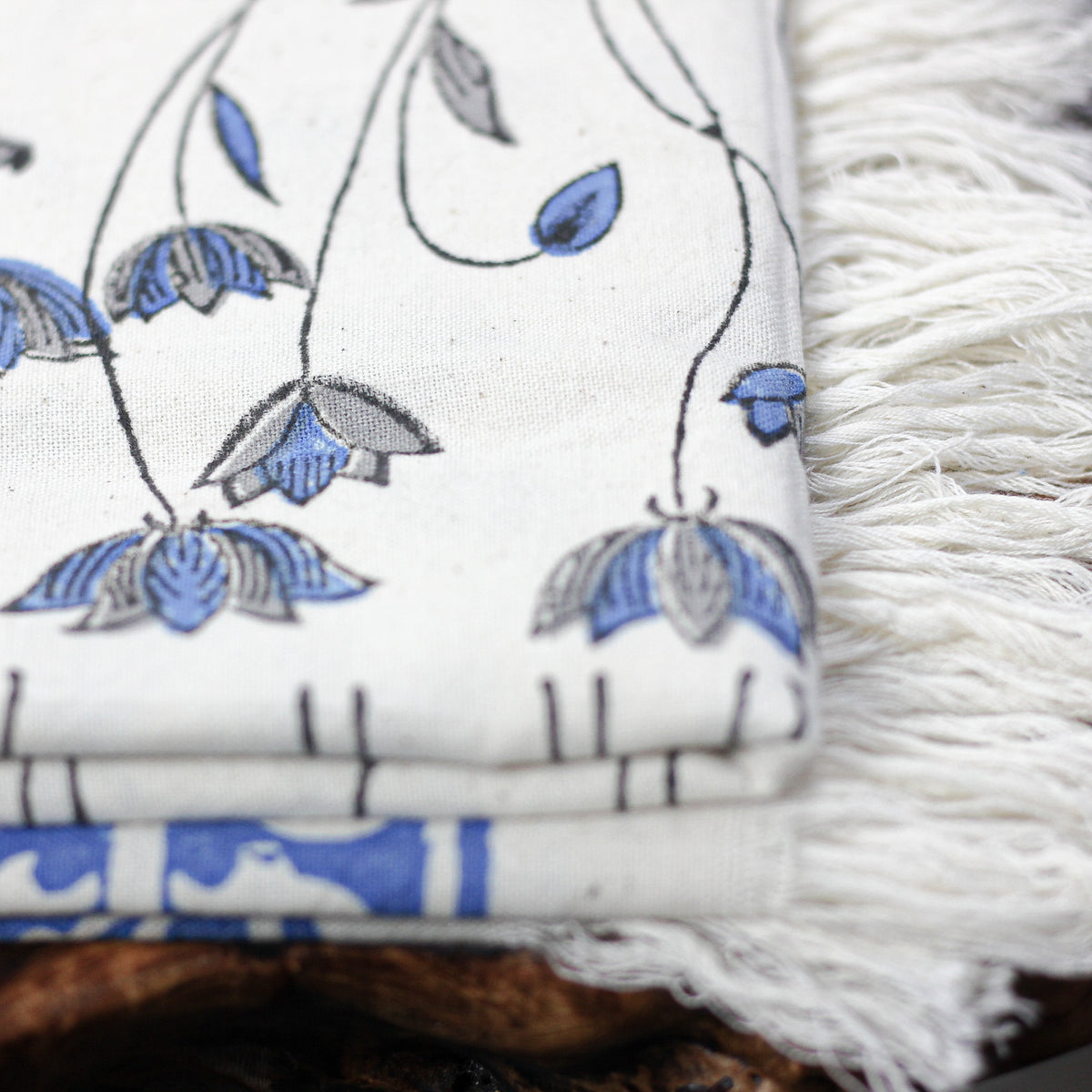 hand block printed cotton towel - white and blue
