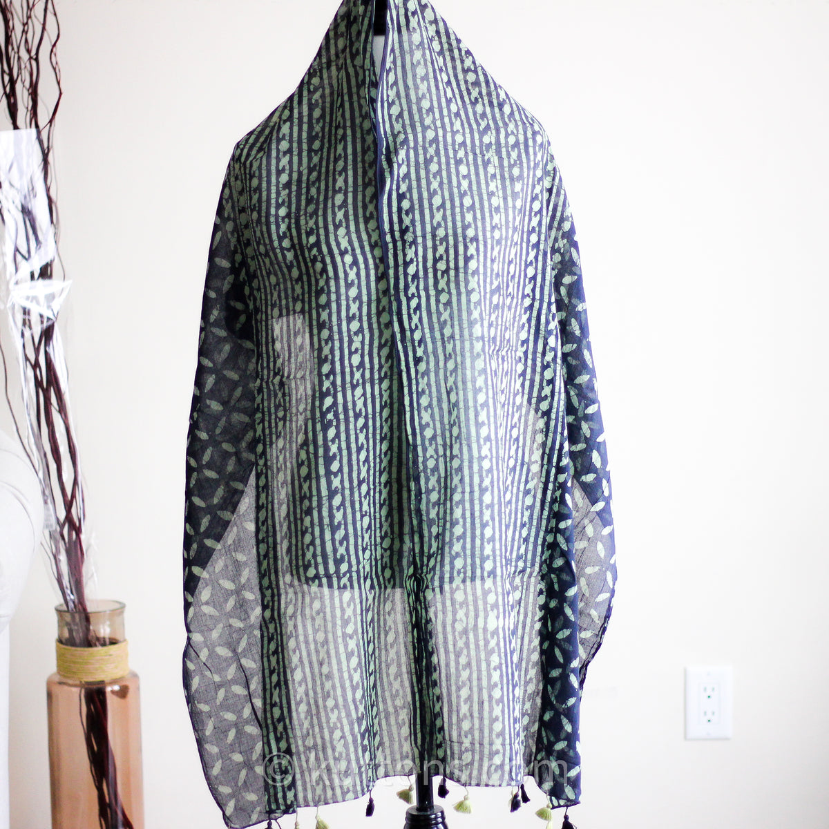 Hand Printed Cotton Wrap - Batik Stole with Tassels | Black-Green, 21x80"
