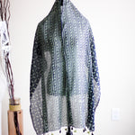 Hand Printed Cotton Wrap - Batik Stole with Tassels | Black-Green, 21x80"