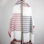 Hand Spun & Hand Woven Organic Cotton Scarf - Naturally Dyed Wrap | White-Red-Gray, 26x76"