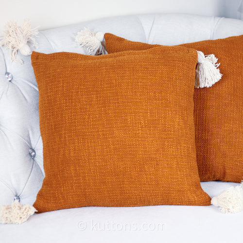 Hand Woven Solid Textured Cotton Throw Pillow Cover - With Decorative Corner Tassels | Rusted Orange, 18x18" Square
