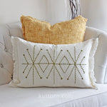 Hand Embroidered Linen Gauze Pillow Cover - Fringed Edges | Handcrafted, green