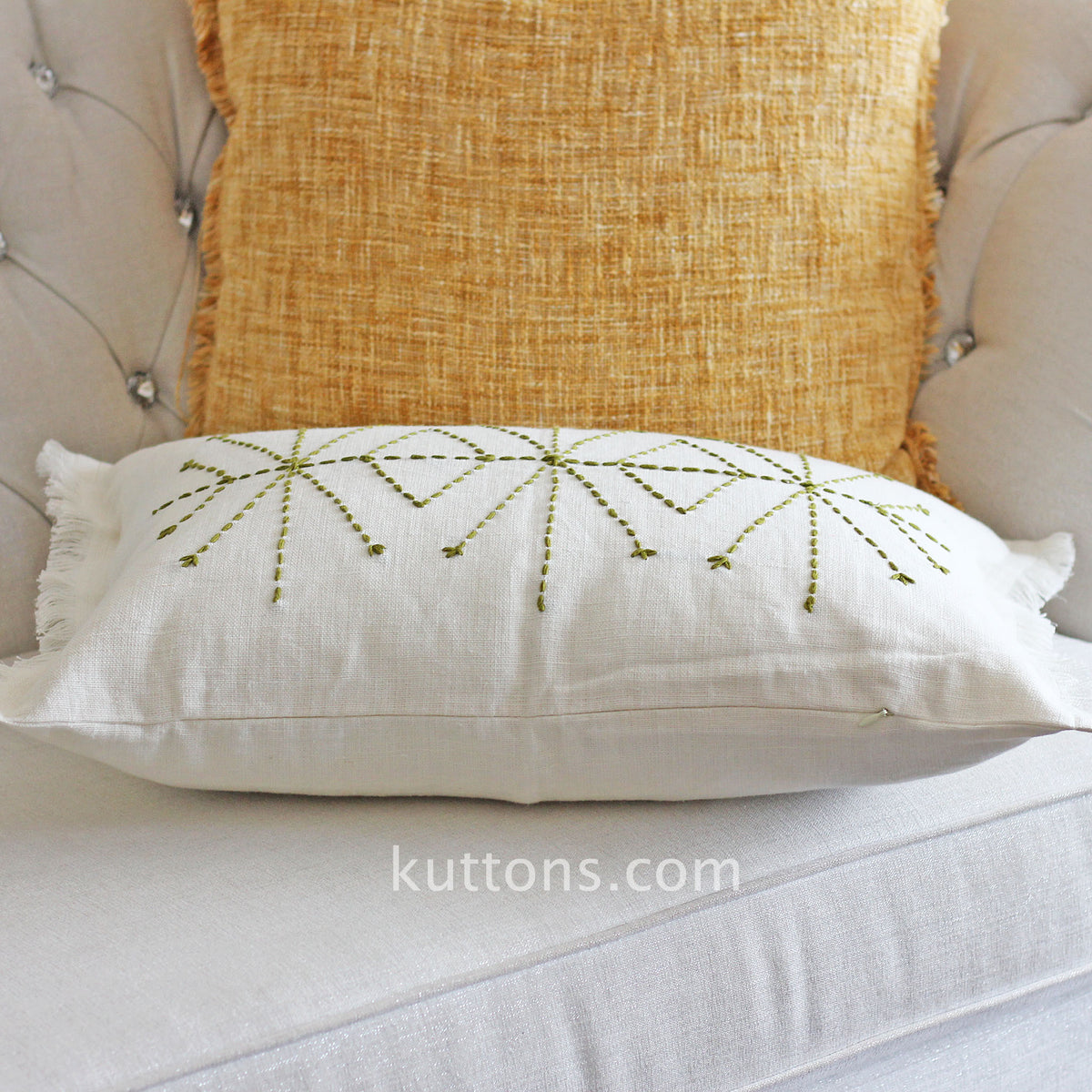Hand Embroidered Linen Gauze Pillow Cover - Fringed Edges | Handcrafted, green
