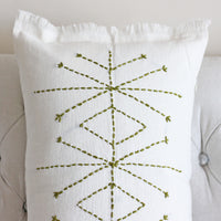Hand Embroidered Linen Gauze Pillow Cover - Fringed Edges | Handcrafted green embroidery