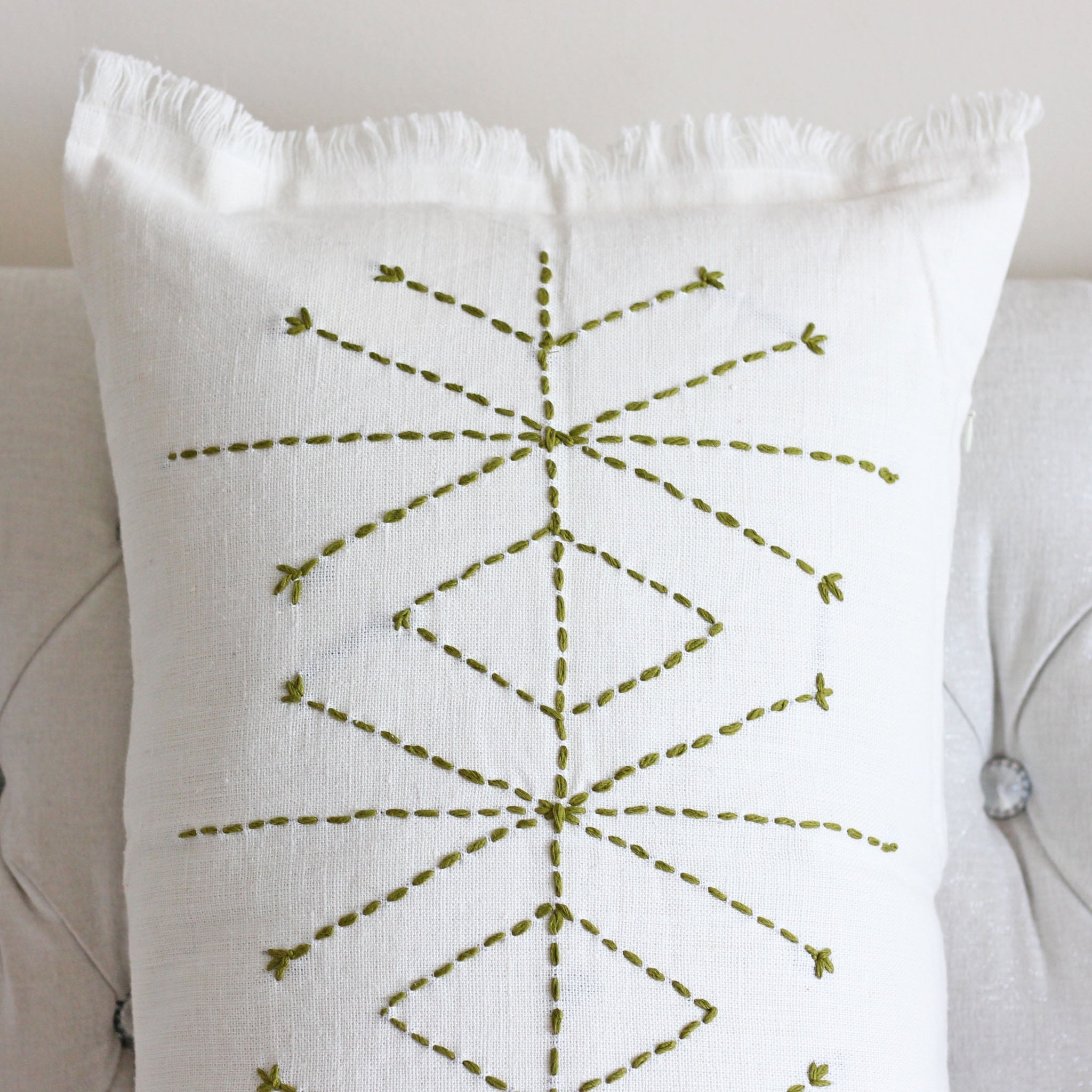Hand Embroidered Linen Gauze Pillow Cover - Fringed Edges | Handcrafted green embroidery