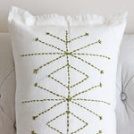 Hand Embroidered Linen Gauze Pillow Cover - Fringed Edges | Handcrafted green embroidery