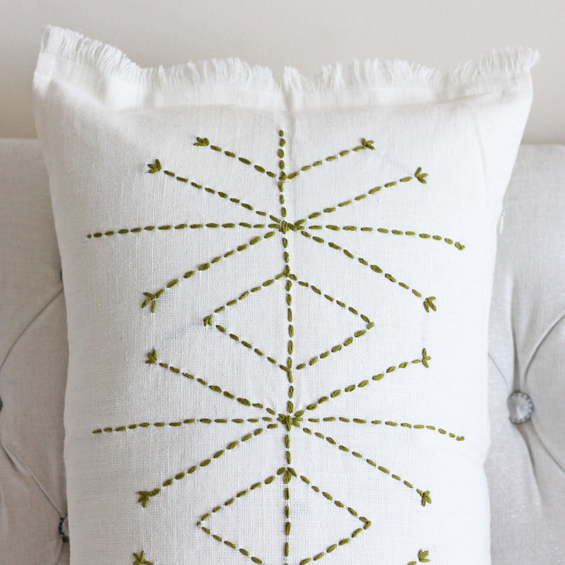 Hand Embroidered Linen Gauze Pillow Cover - Fringed Edges | Handcrafted green embroidery