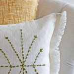 Hand Embroidered Linen Gauze Pillow Cover - Fringed Edges | Handcrafted close up green