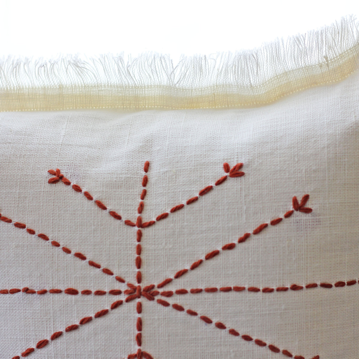 Hand Embroidered Linen Gauze Pillow Cover - Fringed Edges | Handcrafted close up red