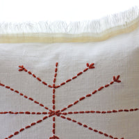 Hand Embroidered Linen Gauze Pillow Cover - Fringed Edges | Handcrafted close up red