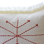 Hand Embroidered Linen Gauze Pillow Cover - Fringed Edges | Handcrafted close up red
