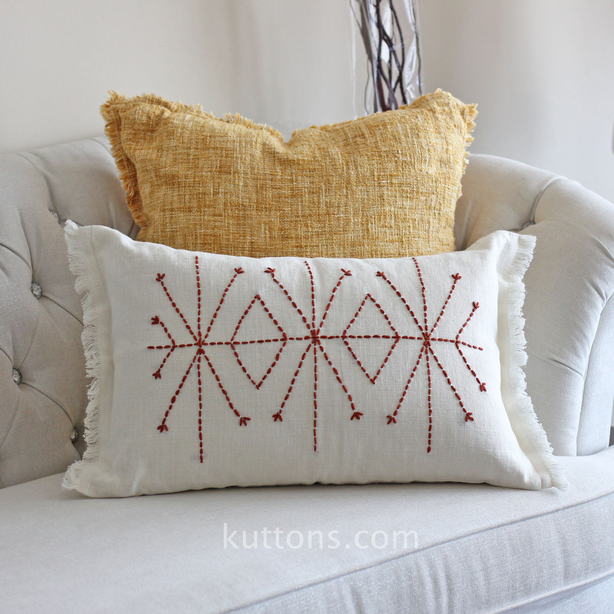 Hand Embroidered Linen Gauze Pillow Cover - Fringed Edges | Handcrafted, red