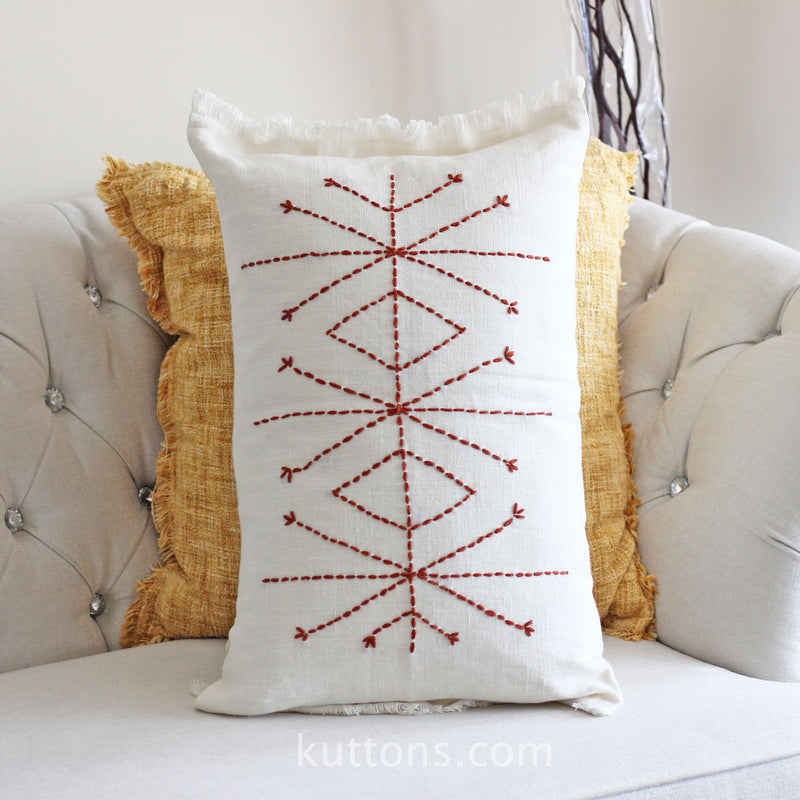 Hand Embroidered Linen Gauze Pillow Cover - Fringed Edges | Handcrafted red