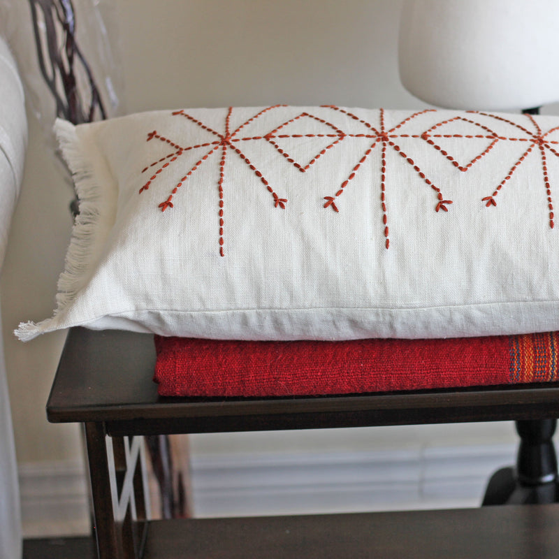 Hand Embroidered Linen Gauze Pillow Cover - Fringed Edges | Handcrafted, red embroidery