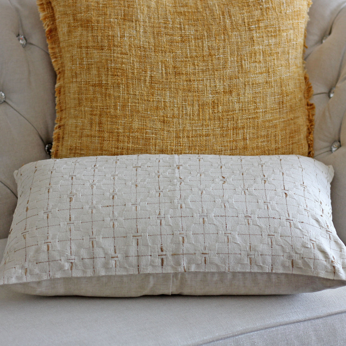 100% Silk Basket Weave Textured Pillow Cushion Cover - Coconut Shell Button | Throw Pillows