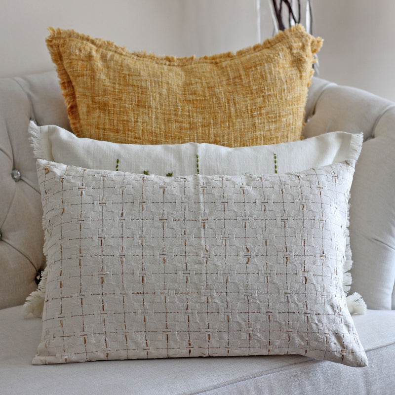 100% Silk Basket Weave Textured Pillow Cushion Cover - Coconut Shell Button | Cream-Golden Brown, 16x24"