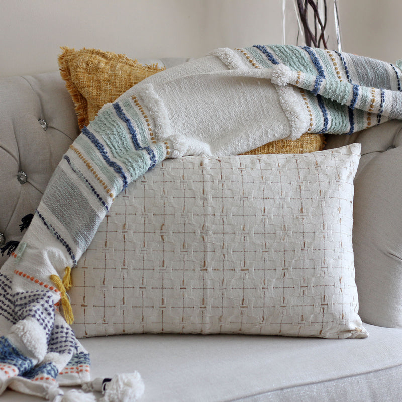 100% Silk Basket Weave Textured Pillow Cushion Cover - Coconut Shell Button | Cream-Golden Brown