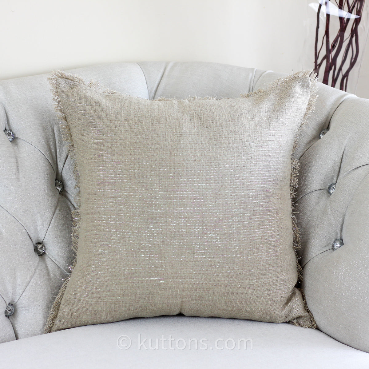 Handmade Linen Cushion Cover - With Shiny Lurex & Fringes | Cream, 20x20"