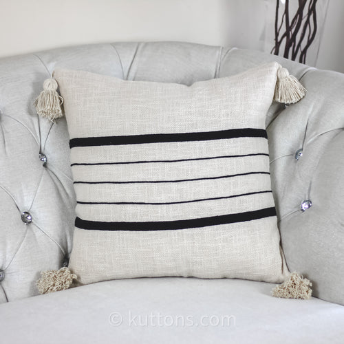 Handmade Textured Cotton Striped Pillow Cover - Large Corner Tassels | Cream, 18x18" Square
