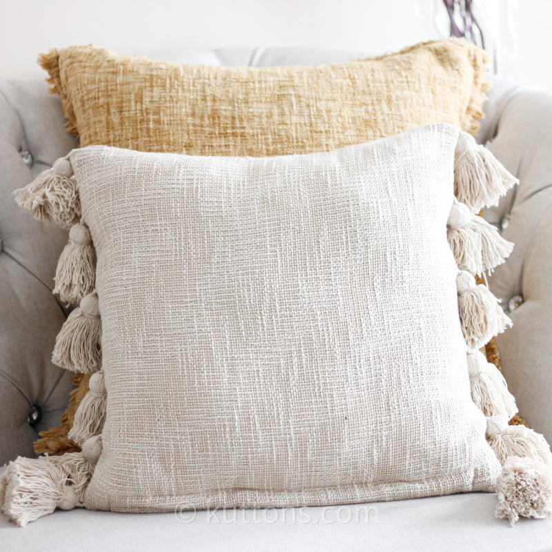 Handmade Textured Solid Cotton Pillow Cover - With Large Side Tassels | Cream, 18x18" Square (Single)