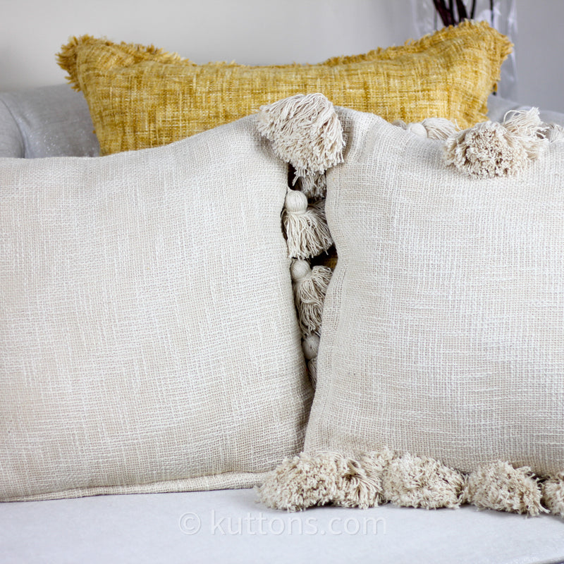 Handmade Textured Solid Cotton Pillow Cover - With Large Side Tassels