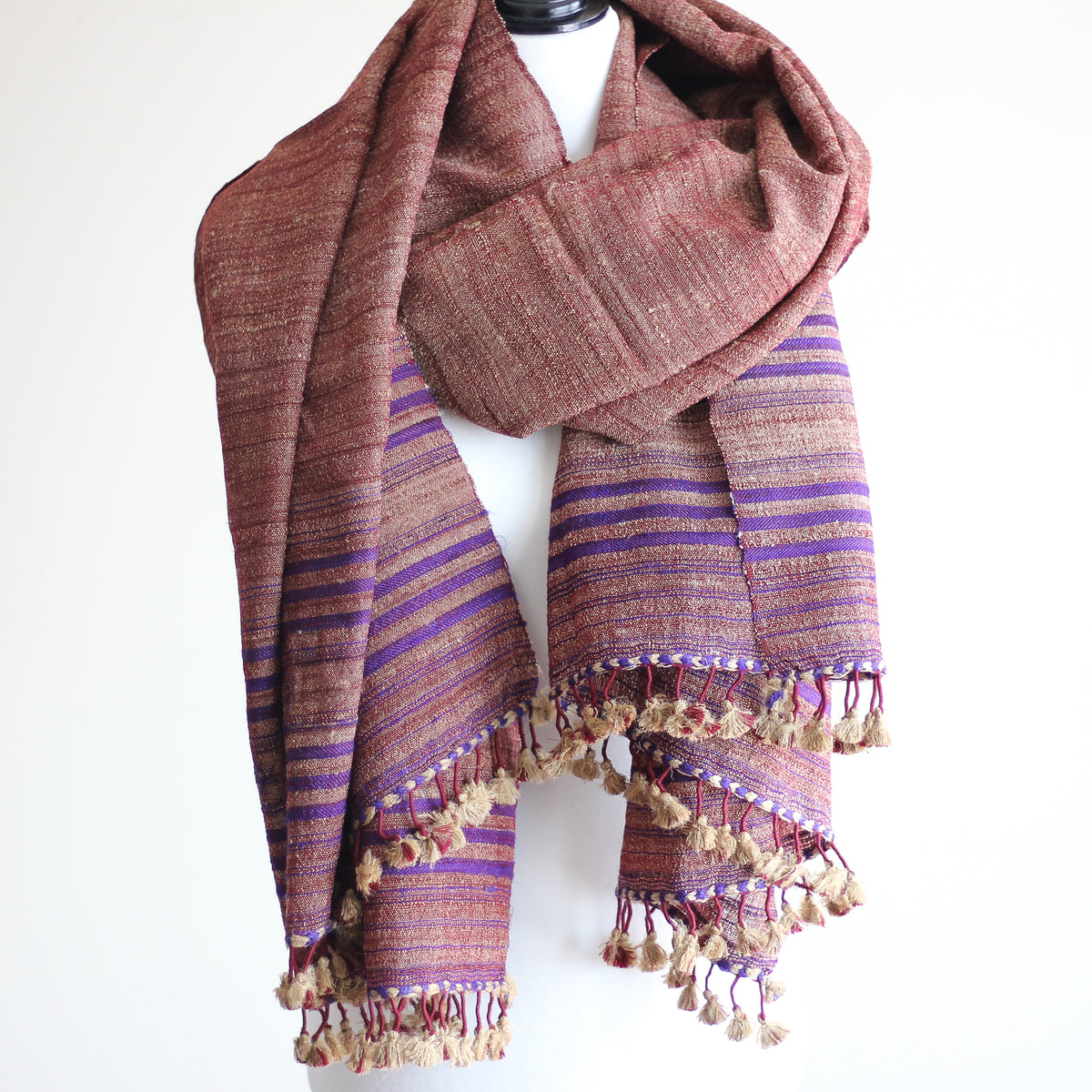 Handspun Tussar Silk & Merino Wool Shawl - Handwoven with Tassels | Maroon, 38x87"