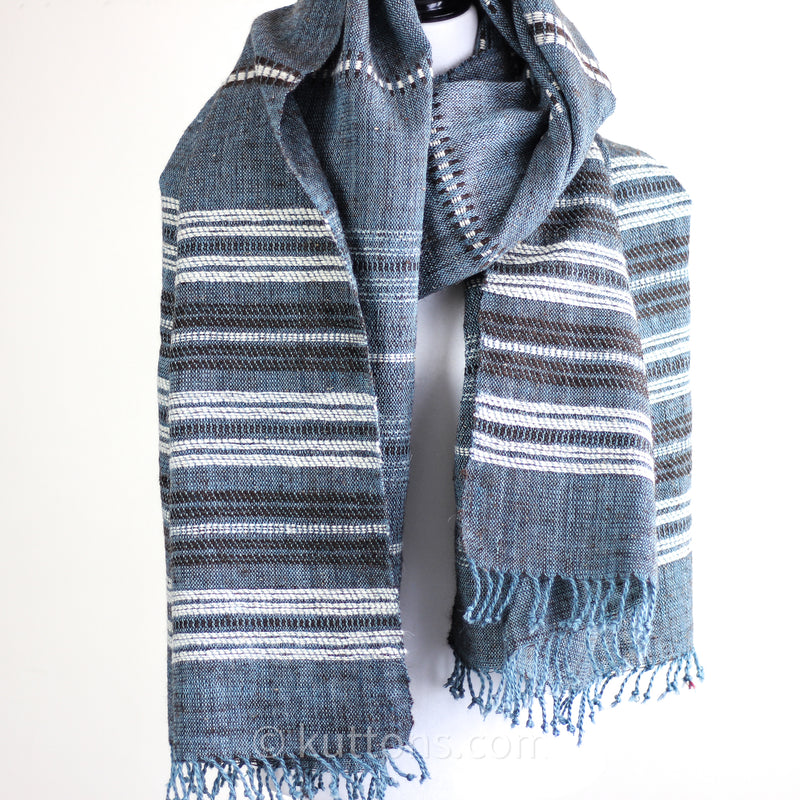 Handspun & Handwoven Ethnic Wool Shawl - Multipurpose Wrap cum Blanket/Throw | Blue, 38x92"