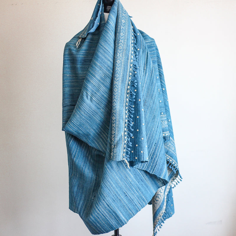 Handspun & Handwoven Tussar Silk, Merino Wool Shawl - With Mirror Embroidery | Blue, Golden Brown, 37x84"