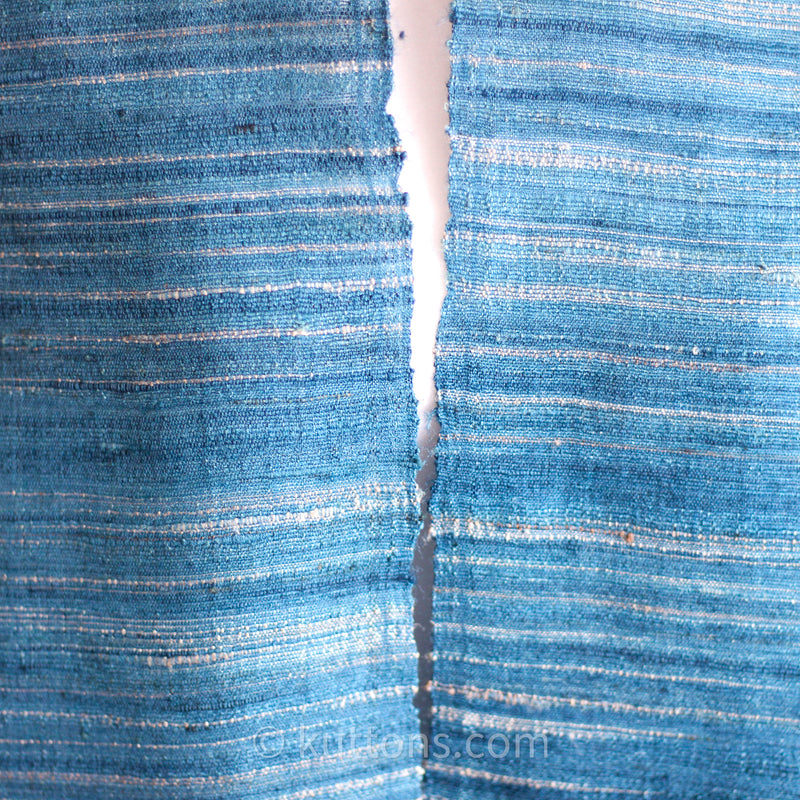 Handspun & Handwoven Tussar Silk & Merino Wool Shawl - With Mirror Embroidery | Blue, Golden Brown, 37x84"