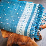 Handspun & Handwoven Tussar Silk & Merino Wool Shawl - With Mirror Embroidery | Blue, Golden Brown, 37x84"
