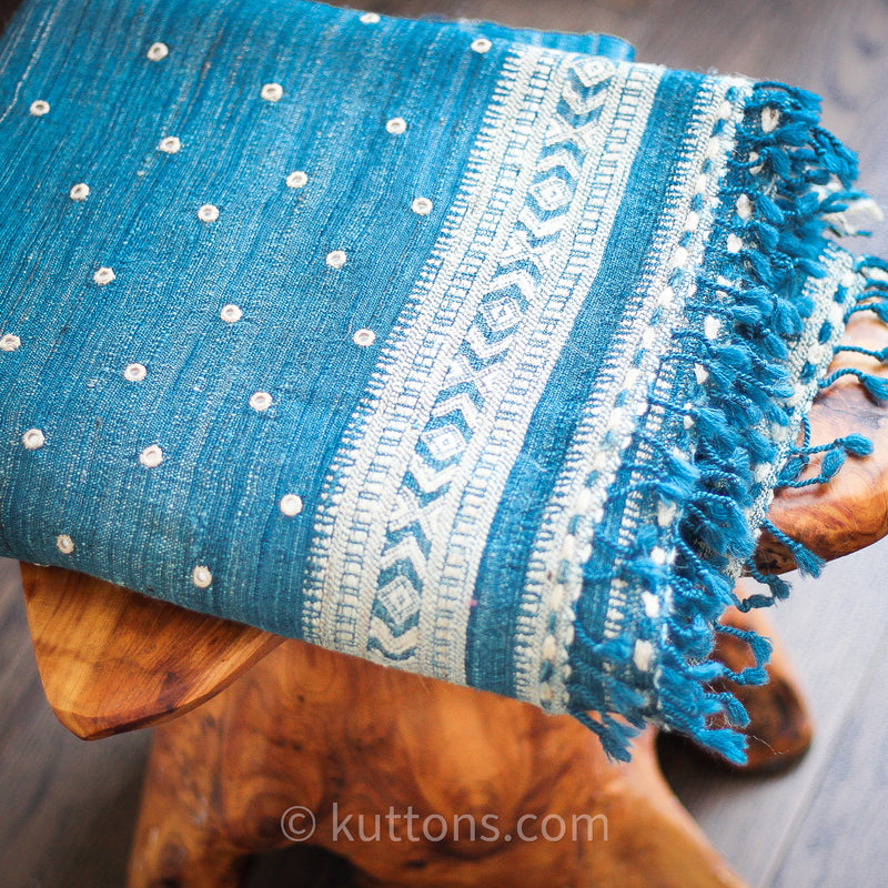 Handspun & Handwoven Tussar Silk & Merino Wool Shawl - With Mirror Embroidery | Blue, Golden Brown, 37x84"