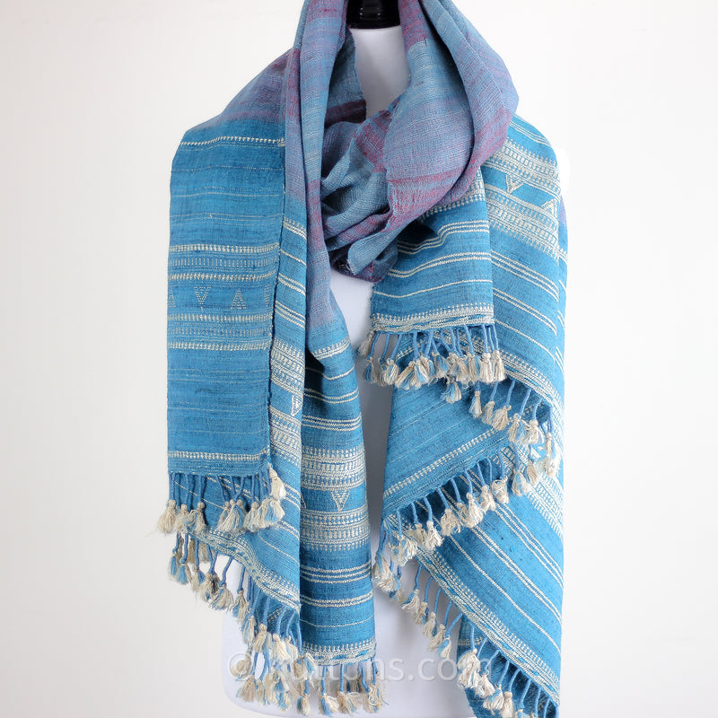 Handspun & Handwoven Tussar Silk & Merino Wool Shawl Wrap | Blue, Golden Brown, 37x83"