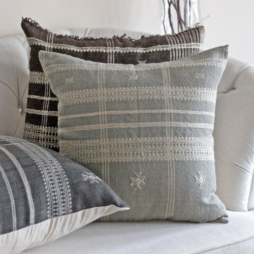 Handwoven Bhujodi Wool & Cotton Cushion Cover - Vintage Rustic Pillow | Gray-Blue, 20"