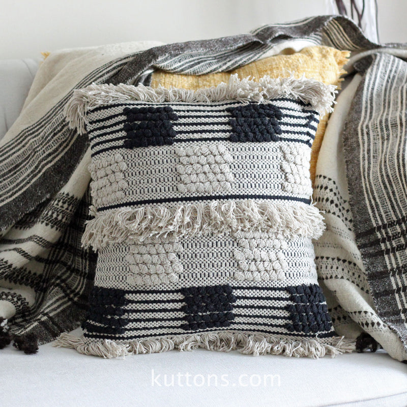 Hand Woven Boho Cotton Throw Pillow Cover - Tufted Decorative Cushion, fringes