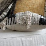 Hand Woven Boho Cotton Throw Pillow Cover - Tufted Decorative Cushion, close up