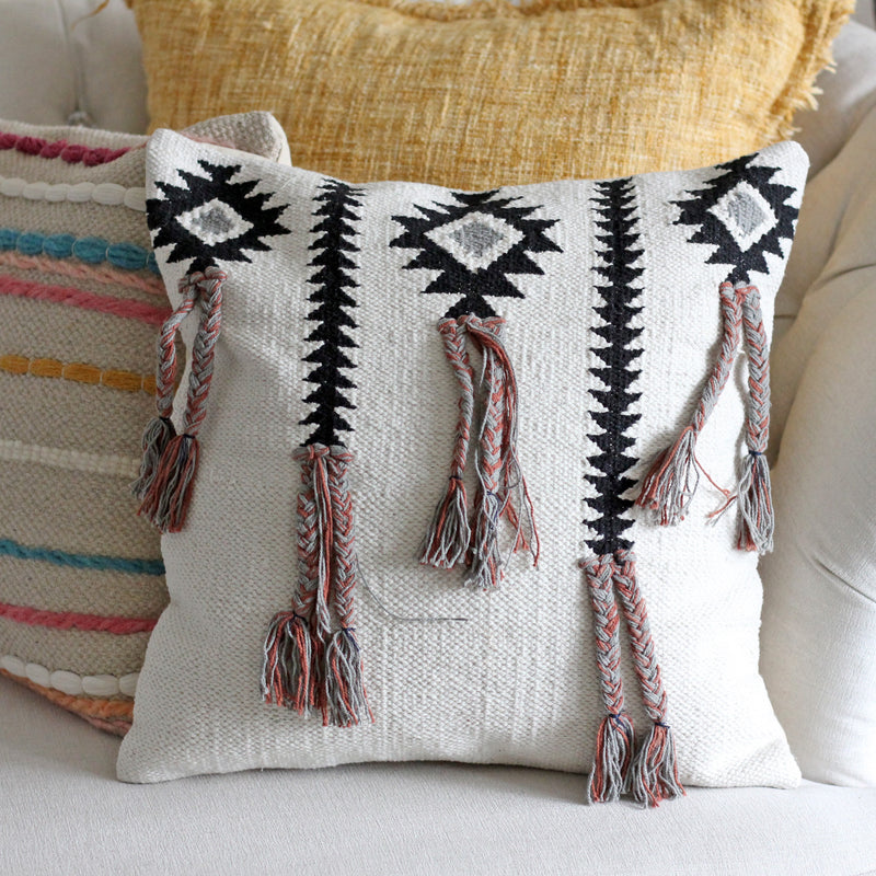 Handwoven Cotton Boho Pillow Cover - Playful Long Tassel Knots | Cream Cushion, 18"